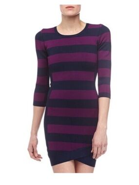 BCBGMaxAzria Navy and Purple Striped Long Sleeve Sheath Dress